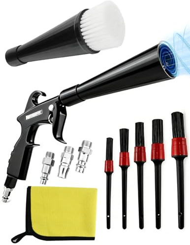 Pistola limpiadora tornado de aire comprimido kit 11 accesorios, pistola sopladora alta presión para detailing automoción, limpia asientos piel, alfombras, llantas y rincones inaccesibles del vehículo
