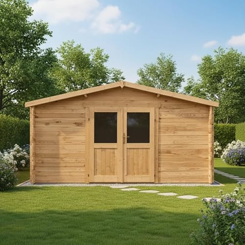 Gardy Shelter Abri de Jardin Bois Massif 16m² | Traitement Marron Anti-tempête | Double Porte Semi-Vitrée, Serrure, Toiture OSB | 398x398cm