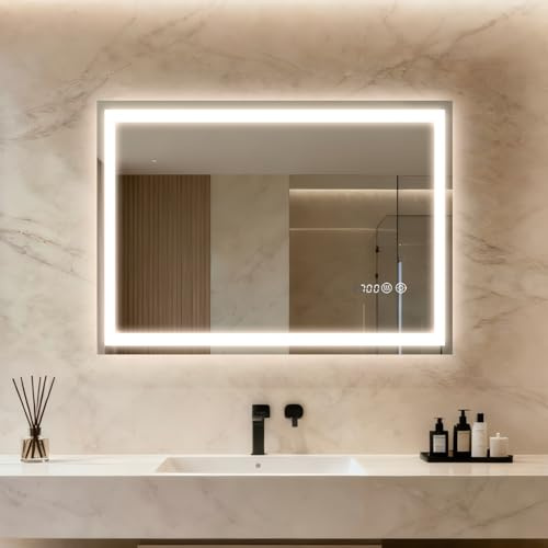 Clevich LED Badspiegel mit Beleuchtung & Uhr 70x50 cm, Dimmbar Beschlagfrei | Gehärtetes Sicherheitsglas, Touch dimmbar, 3 Lichtfarben Beschlagfrei, Memory-Funktion, einfache Wandmontage
