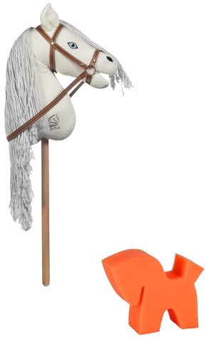RL24 - Hobby Horse Pferde Mini von HKM Kids inkl. Putzschwamm – Steckenpferd – Spielpferd mit Holzstock, Mähne & Trense – Stockpferd ohne Griffe & Rollen – weiß (Flocke)
