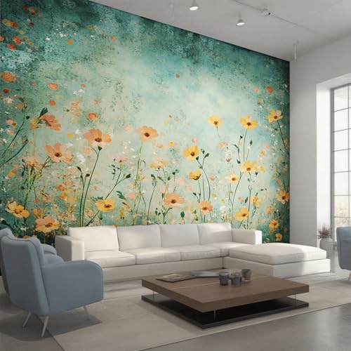 Generisch Vlies Fototapete Wildblumen 150x105 cm, Tapete Türkis Tapeten Vliestapete Wohnzimmer Blumen Pflanzen Floral Schlafzimmer Wandtapete Ornamente Mustertapete W&45