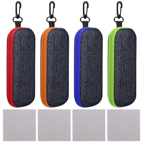 SMYJDMM glasögonfodral, 4 stycken denimtyg glasögonfodral hårt fodral, solglasögon etui med karbinhake och 4 rengöringsduk för sportglasögon cykelglasögon läsglasögon solglasögon