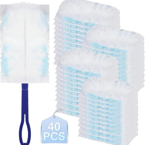 Strehknewen Plumero Atrapapolvo Desechable, 40 Recambios + 1 Mango Azul, Plumero de Microfibra Antiestático, Imán de Polvo Paquete de Recarga