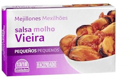 Hacendado Moules à la Sauce de Coquille Saint-Jacques, Petites 13-18 Pièces, Boîte 111g, Lot de 6, Palourdes Fines