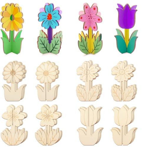 16er Set in 4 Designs 3D-Holzblumen-Bastelset für DIY-Basteln | 32 Teile unbehandelte Holzscheiben, Roh-Holz-Ornamente , Heimdekoration und Kunstprojekte