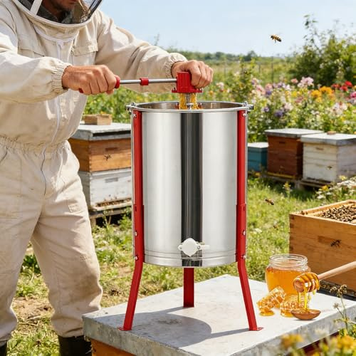 4 Frame Manual Honey Extractor, Food-Grade Stainless Steel Honeycomb Spinner Drum with Transparent Lid, Apiary Centrifuge Beekeeping Equipment with Height Adjustable Legs for Beekeepers, Apiaries