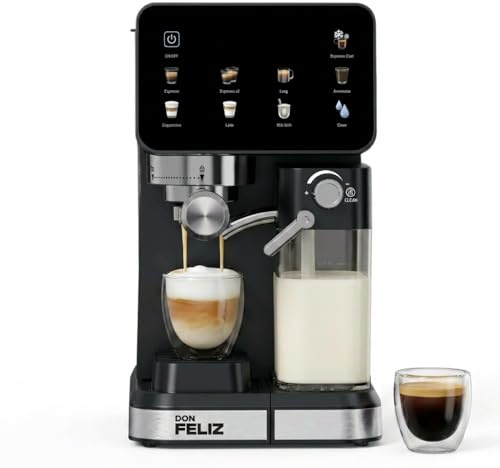 Don Feliz Macchina da caffè espresso semiautomatica, 20 bar, 1350 W, con display LCD, serbatoio del latte da 500 ml, serbatoio dell'acqua da 1,5 l, compatibile con Nespresso, Cappuccino, Americano