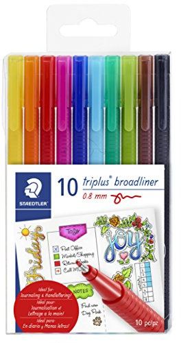 STAEDTLER triangular broad liner, triplus broadliner, 0.8mm metal-clad tip, journaling and hand lettering pen, set of 10 assorted colors, 338 TB10A6
