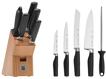 WMF Cuisine One Messerblock mit Messerset 6teilig, Made in Germany, 4 Messer geschmiedet, Wetzstahl, Buchenholz-Block, Performance Cut