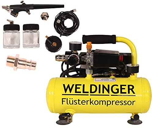 WELDINGER Flüster Kompressor FK 40 compact 275 W Luftabgabe 32 l/min mit Airbrushset 5 Jahre Garantie 6-teilig
