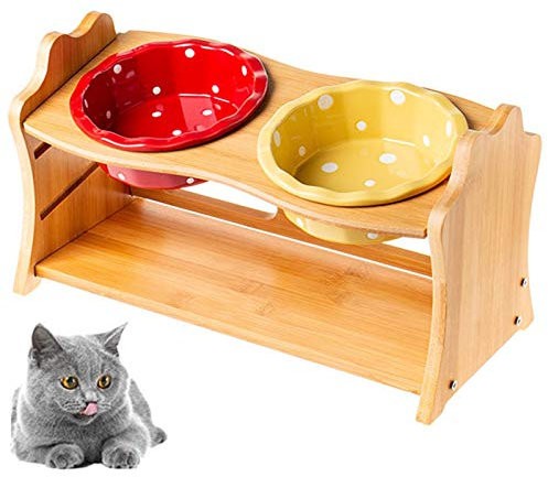 PJDDP Katzennäpf Hundenäpf Futterstation Erhöhter Futterspender Für Kleine Hunde Und Katzen Hoch Trinknapf,Futterschüssel Futternapf-Halterung Aus Bambus - Mit 2 Edelstahlnäpfen,E