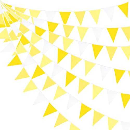 10M/32.8 Ft Yellow White Bunting Banner Fabric Cotton Pennant Bunting Triangle Flag Garland for Wedding Birthday Baby Shower Anniversary Nursery Autumn Outdoor Fall Festivals Party Decorations