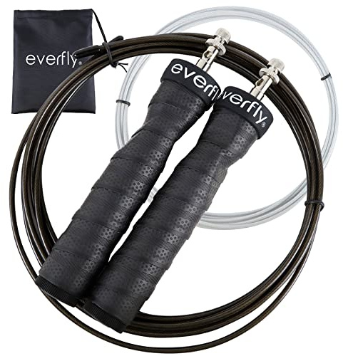 EVERFLY Springseil Crossfit - Set mit 2 Kabeln 2 mm und 2,5 mm mit Protektoren - Professionelles Seil verstellbar - Hochgeschwindigkeits-Jumpingseil - Boxen Fitness - Herren und Damen (Schwarz)