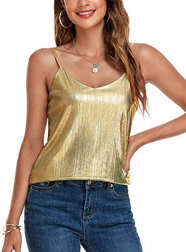 VIDUSSA - Canottiera da donna con scollo a V, in paillettes, stile camicia, senza maniche, Champagne, L