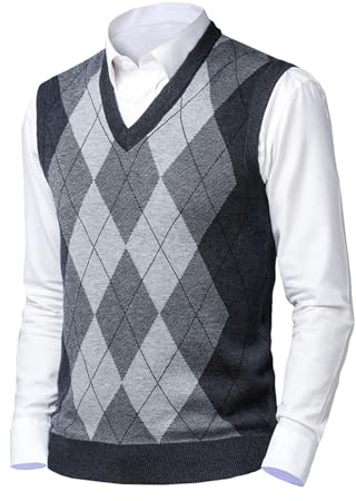 Btmpmcs Mens Knitted Sleeveless Thick Tank Top Casual V-Neck Jumper Knitted Gilets Argyle Sweater Vest Business Knitwear Waistcoat Gentleman Slipover Autumn Winter Pullover Dark Grey