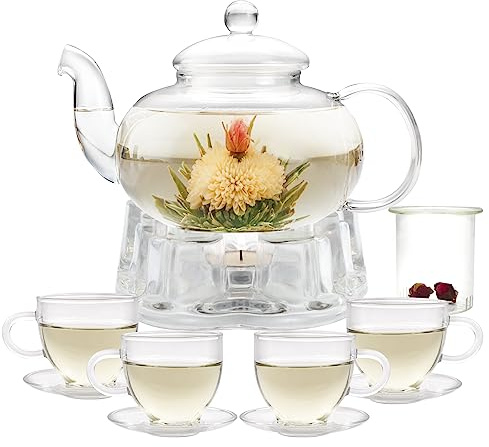 GURUDAR Glass Teapot Set, 34OZ/1000ML Glass Tea Kettle with Loose Tea Infuser & Warmer, 5oz/150ML Tea Cup & Saucer Set of 4, Stovetop & Microwave Safe Tea Maker, Blooming Tea Gift Set For Women