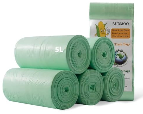 AURMOO Sacchetti Spazzatura, Sacchetti Biodegradabili, 5L, Sacchi per Pattumiera per Cucina, Soggiorno, Ufficio, 200 Unitã(W32xH35cm,Verde)