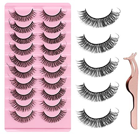 10 Paare 3D Falsche Wimpern, Natural Künstliche Wimpern Extensions Fake Lashes mit Wimpernclip, D Curl Russian Strip Lashes Wispy Fluffy Lashes für Augen Make-up (C)