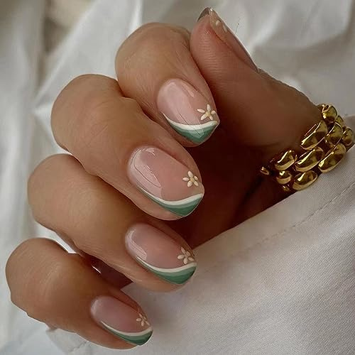AKOFIC 24 Piezas Uñas Postizas Cortas Cuadradas, Press on Nails Francesa con Diseño, Uñas Postizas Elegantes sin Pegamento, Uñas Postizas que se Pegan para Mujeres y Niñas (Flores Verde Blanco)