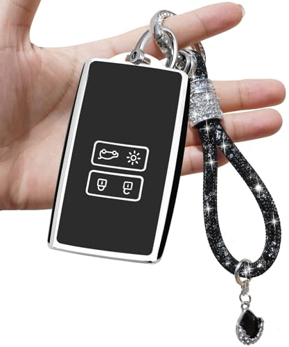 Yumzeco 4 Tasten Silicone TPU Autoschlüssel Hülle Cover mit glänzendem Diamant Schlüsselband, Kompatibel mit Renault Koleos Clio Megane Duster Kadjar, Auto Keyless Smartkey Schutzhülle-Schwarz