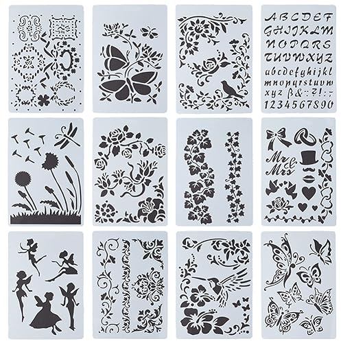 GORGECRAFT 12 Stil Efeu-Kunststoff-Zeichnungskunst-Schablone Wiederverwendbar Ranke Feen-Schablone Schmetterlinge Libellen Alphabet Zahl Blume Vogel Bordüre Schablonen Für Boden Möbel Stoffmalerei