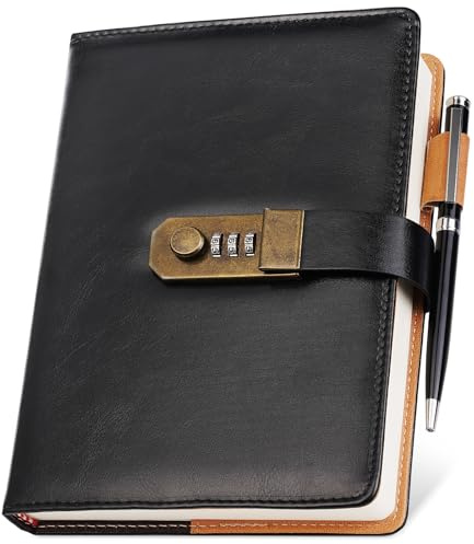 Nicpro Diary with Lock, A5 PU Leather Journal with Lock, Metal Pen, 260 Pages Password Notebook for Men and Women, Vintage Daily Journal for Travel, Note Take, Plans, Organize (8.6 x 5.8 in)
