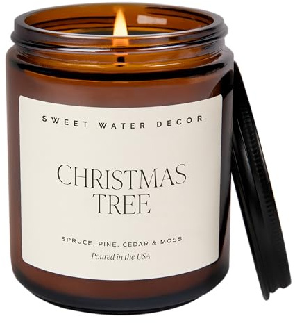 Sweet Water Decor Christmas Tree Candle - Pine Needles, Cedarwood, Cypress, and Evergreen Soy Holiday Scented Candles for Home - 9oz Amber Jar Candle, 40+ Hour Burn Time, Made in The USA