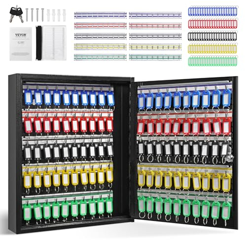 VEVOR Schlüsselschrank Schlüsselkasten 100 Schlüssel, Schwarz Schlüsselbox Schlüsseltresor Einstellbar, Abschließbarer Schlüsselschrank mit 10 Schlüsselhaltern, 2 Schlüsseln & 2 Karteikarten