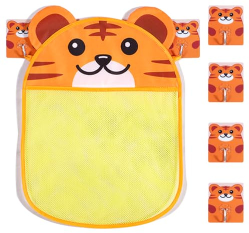 Tiger Badewannen Spielzeugnetz,Tiger Animal Badespielzeug-Aufbewahrung,Cute Tiger Badezimmer Hänge Netz Taschen Halter mit 6 Saugnapf-Haken für Bathroom Zubehör