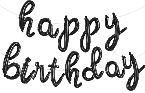 TONIFUL Schwarze Happy Birthday-Ballon-Banner, kursive Happy Birthday-Ballons, schwarze Geburtstagsdekorationen, Mylar-Folie, Geburtstagsdekorationen für Erwachsene