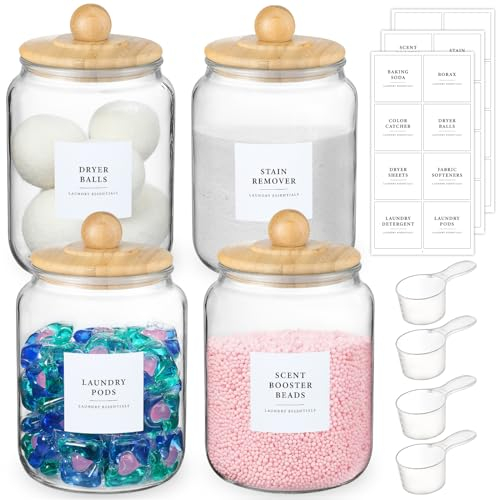 4 Pack Glass Jars with Bamboo Lids and Labels, Glass Containers for Laundry Room Organization and Storage, Half Gallon Airtight Glass jars Holder for Laundry Detergent, Pods, Scent Booster Beads