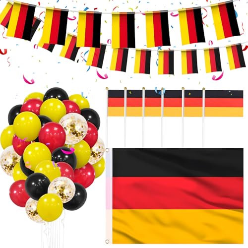 Hillylolly Lot de 92 décorations XXL - Drapeau de l'Allemagne - 90 x 150 cm - Guirlande de 6 m - 10 petits drapeaux de l'Allemagne - 70 ballons rouges et jaunes noirs - Pour la coupe du monde de