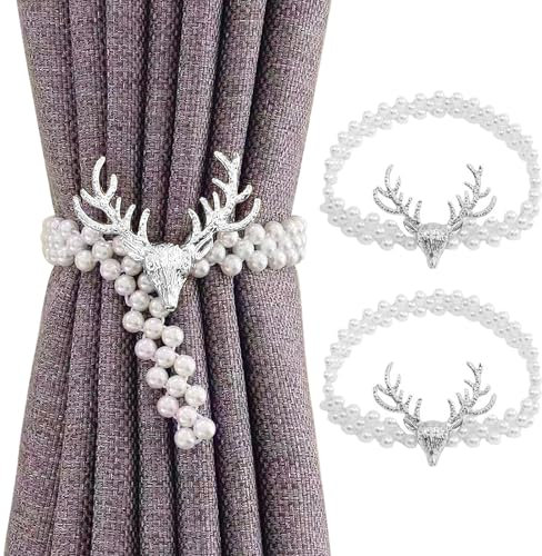 Hshenjhu 2 Stück Vorhang Raffhalter, Handgestrickte Gardinenband, 45 cm Gardinen Raffhalter Baumwolle,Beige Gardinen Raffhalters,Silber Elchkopf Gardinenhalter, für Schlafzimmer Office Wohnzimmer