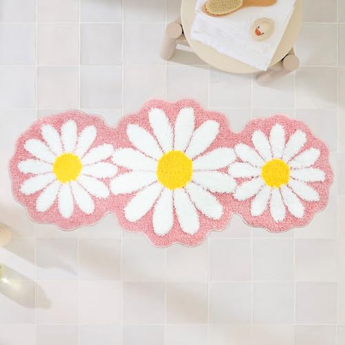 Homantic rosa Langer Badezimmerläufer mit Gänseblümchenmotiv, 60 x 130 cm | Niedliche Blume, rutschfeste saugfähige Mikrofaser-Matte, Dekoration für Badewanne, Badezimmer und Schlafzimmer