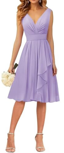 WSEYU V-Ausschnitt Homecoming Kleider Kurze Brautjungfernkleider Rüschen Chiffon Abschluss Cocktailparty Kleid, Flieder, 42