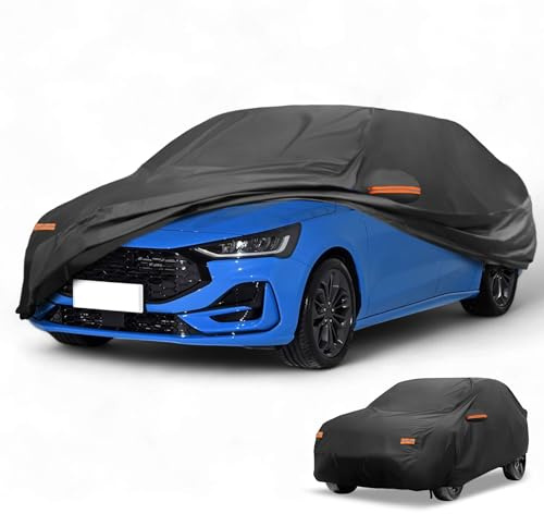 Partuto 210D-PU Full Car Cover for Ford Focus Sedan with Zipper | All-Weather Waterproof, UV-Resistant Outdoor Full Cover, Right Side Zipper, Black