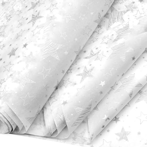50 * 35cm Silver Star White Tissue Paper, 20Sheets Christmas Tissue Paper for Wrapping Gifts,Silver Wrapping Paper for Christmas DIY Gift Decorations