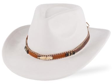 YASHIIN Classic White Cowboy Hat Wide Brim Soft Felt Outdoor Hat with Gold Feather Band for Men and Women Comfortable Stylish Western Hat