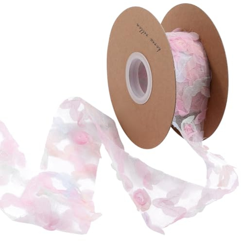 CABODYALS Cinta Floral 9.14D Rosa de 3 m con Patrón de Flores, Malla Vintage, Guirnalda de Rosetas de Tul, Cinta de Encaje de Tutú para Coser, Hacer Regalos, Envolver Vestidos, Manualidades Y Suminist