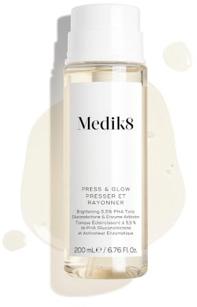 Medik8 Press & Glow, Tägliches PHA Peeling-Gesichtswasser - 200 ml | Aufhellendes 5,5 % PHA-Tonic mit Gluconolacton & Enzym-Aktivator – glättet die Hautoberfläche & verleiht mehr Ausstrahlung