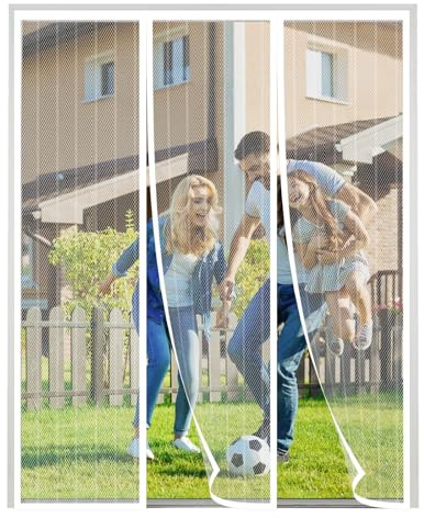 XDMYGTT Magnet Fliegengitter Tür, Weiße Streifen Insektenschutz Doppeltür Fliegengitters, Doppeltür Schiebetür Terrassentür Moskitonetz,ohne Bohren,Atmungsaktiv Vorhang für Terrassentür,170x210cm