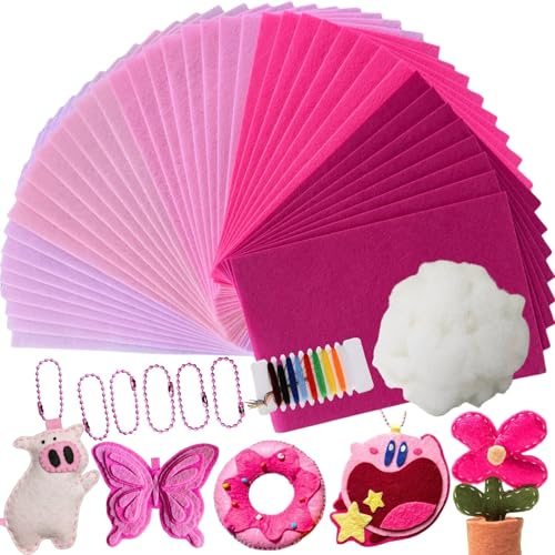 40 stycken filt för pyssel, 5 olika rosa färger på hantverksfilt 1 mm, komplett med sömnadstillbehör, 50 g pysselvadd, 5 kulkedjor, 20 x 30 cm filttyg för pyssel, fibertyg filtplattor för
