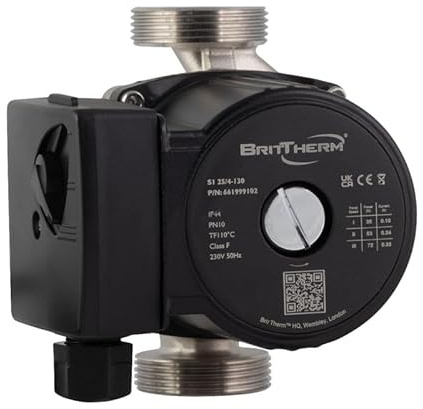 BritTherm S1 25/4-130 Stainless Steel Hot Water Pump - Secondary Recirculator for Potable Systems, 130mm Inline, 1.5 Connections, 3 Speeds, 240V, 4m Head, WRAS Approved, Includes Plug