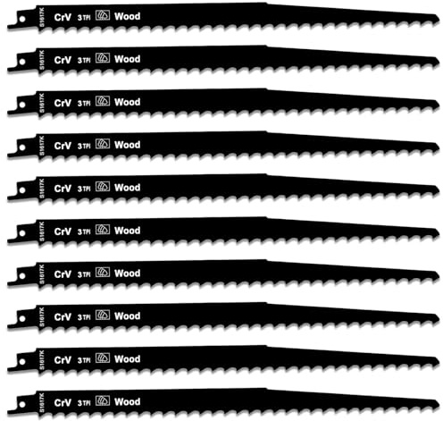 S1617K Säbelsägeblätter für schnelles Holzschneiden, 300 mm, 3 TPI lange Säbelblätter für Hartholz, grobe und nasse Hölzer, 58CrV legierter Stahl, robuste Astklinge für Rezeptsägen, 10 Stück