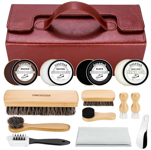 SelfTek Shoe Polish Kit - 15 Pcs Shoe Cleaning Kit with Horse Hair Brushes, Suede Brush, Polish Wax, Shine Cloth, Shoehorn, Leather Shoes Care Kits with Compact PU Storage Case