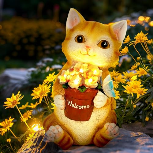Fdouyo Gartenstatuen, Katze Figuren Mit Schmetterlinge & Blumen Gartendeko für Außen Balkon Gartendekoration Innenhof Layout Niedlichen Balkon Figur Katze, Einzigartige Geschenke für Mutter