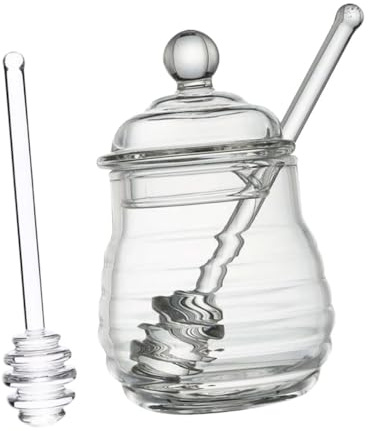 VALICLUD Tarro de Miel con Cucharón de Vidrio 380ml con Tapa para Conservar la Humedad, Fácil de Almacenar para Cocina