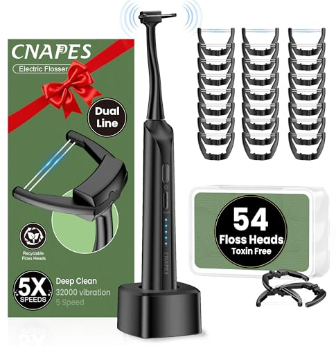 CNAPES Electric Flosser for Teeth with 54 Refill Heads +5 Speeds, Water Flosser Alternative, Easy Glide Flossing for Sensitive Gum, Rechargeable Oral Kit, 5X Cleaning, Portable Dental Floss Picks