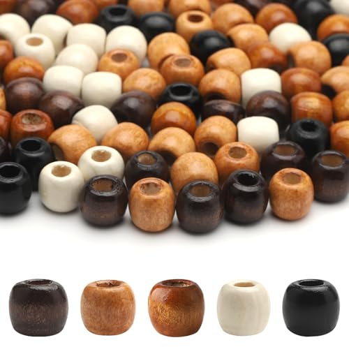 XRVRILE 200 Stück Holzperlen, Makramee Perlen mit 13M Elastischem Faden, 5 Farben Haarperlen Perlen Groß, Holzperlen Natur Makramee für DIY Dreadlocks Schmuckherstellung