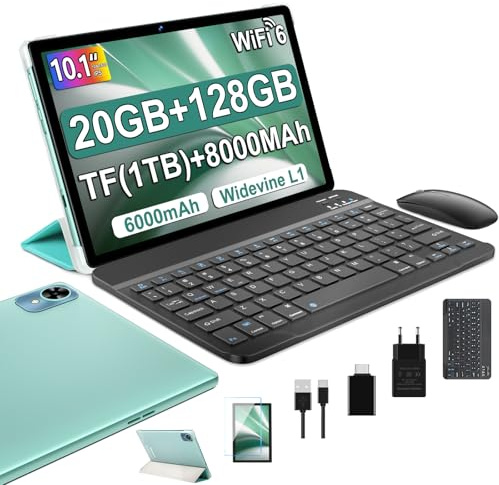 fezawio Tablet Android 14 10 Pollici - 5G & Wi-Fi 6, 20 GB RAM 128 GB ROM (Espandibile 1 TB) - Octa-Core, GMS, Widevine L1-6000 mAh, Fotocamere 8MP+5MP - Pacchetto Completo con Tastier - Verde
